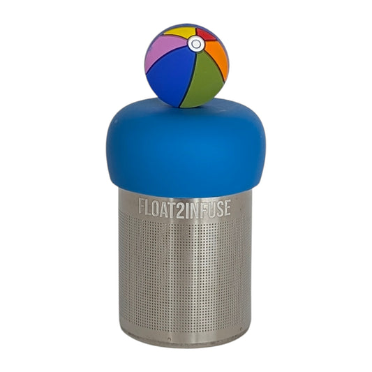 rainbow beachball tea infuser with blue base for loose leaf tea with fine mesh stainless steel tea strainer that reads FLOAT2INFUSE with white background