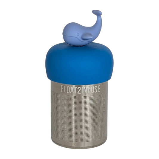 blue whale tea infuser with blue base for loose leaf tea with fine mesh stainless steel tea strainer that reads FLOAT2INFUSE with white background