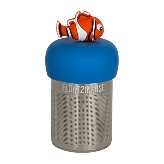 orange and white clownfish tea infuser with blue base for loose leaf tea with fine mesh stainless steel tea strainer that reads FLOAT2INFUSE with white background