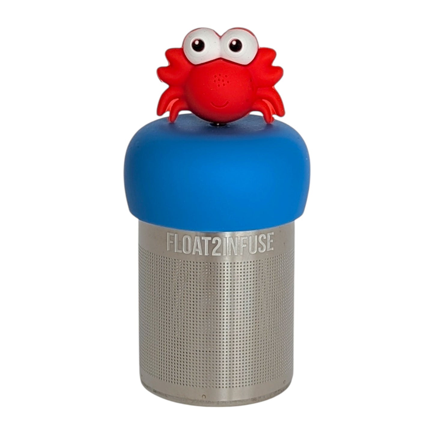 smiling red crab tea infuser  for loose leaf tea with fine mesh stainless steel tea strainer that reads FLOAT2INFUSE on a blue base with a white background