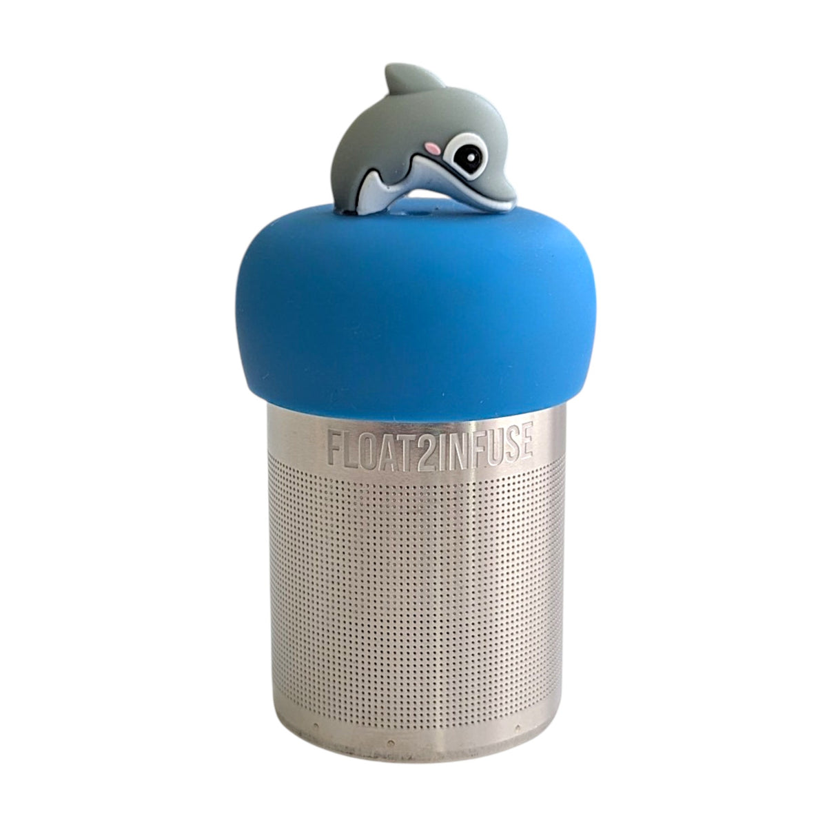 grey and white smiling dolphin jumping out of the water tea infuser  for loose leaf tea with fine mesh stainless steel tea strainer that reads FLOAT2INFUSE on a blue base with a white background