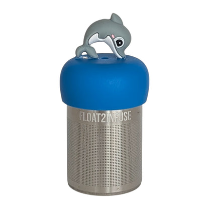 grey and white smiling dolphin tea infuser  for loose leaf tea with fine mesh stainless steel tea strainer that reads FLOAT2INFUSE on a blue base with a white background