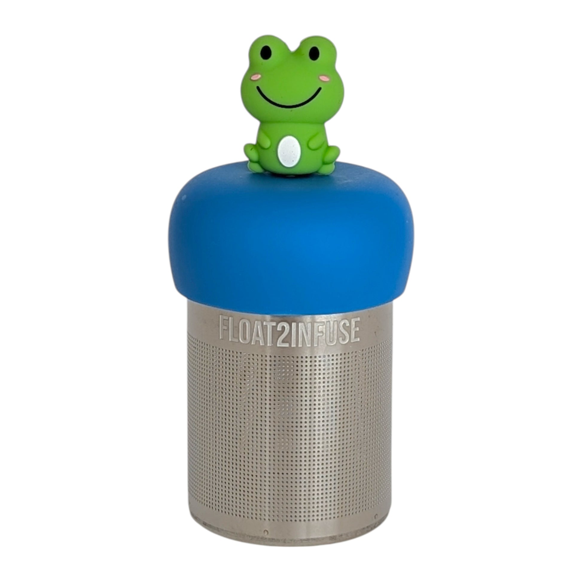 smiling green frog tea infuser  for loose leaf tea with fine mesh stainless steel tea strainer that reads FLOAT2INFUSE on a blue base with white background