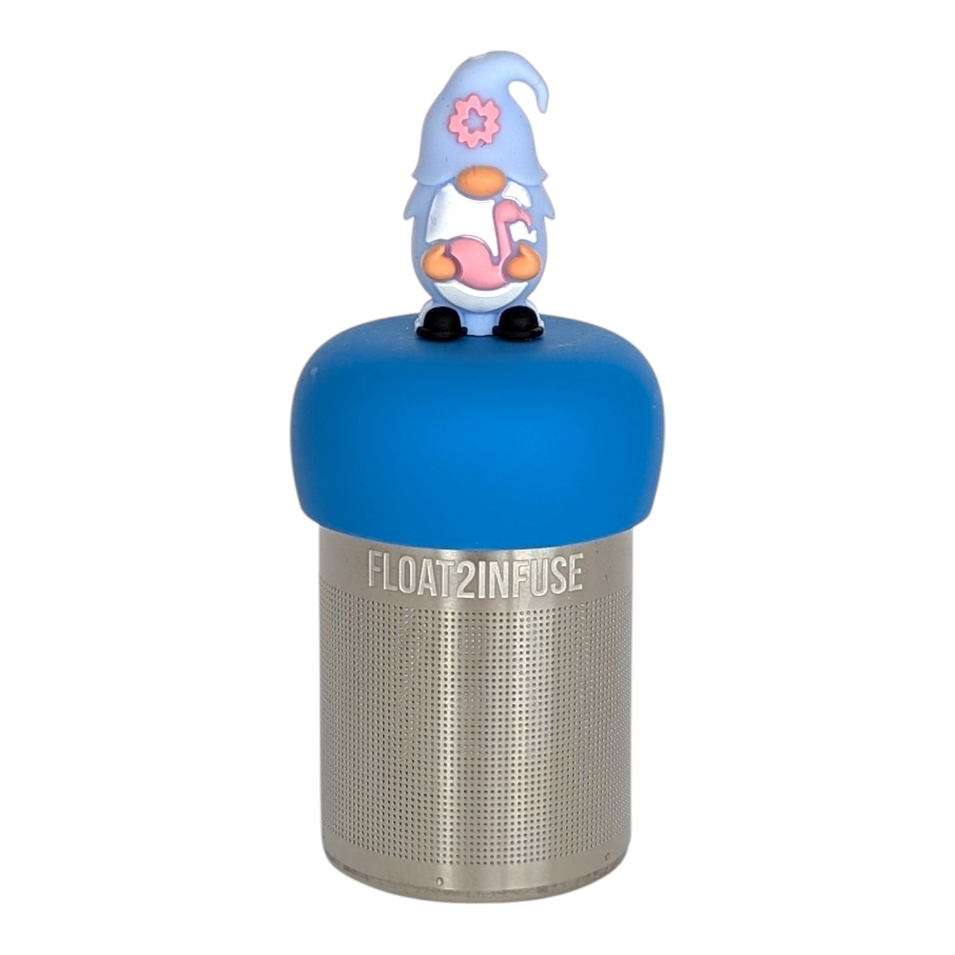 lavender gnome holding pink flamingo tea infuser  for loose leaf tea with fine mesh stainless steel tea strainer that reads FLOAT2INFUSE on a blue base with white background