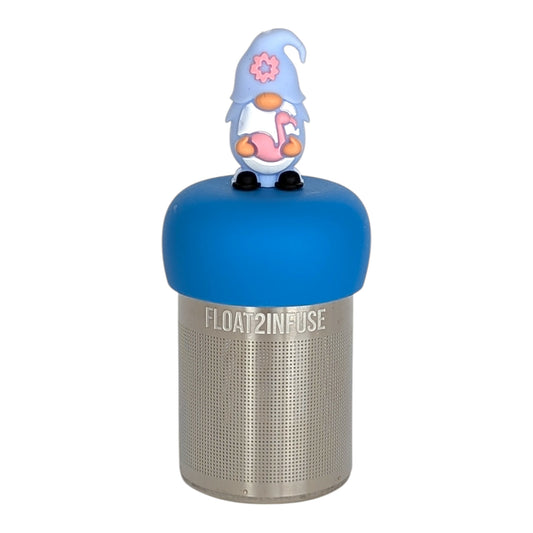 lavender gnome holding pink flamingo tea infuser with blue base for loose leaf tea with fine mesh stainless steel tea strainer that reads FLOAT2INFUSE with white background