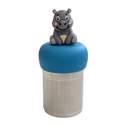 Smiling grey hippo with cute pink cheeks  tea infuser for loose leaf tea with a fine mesh stainless steel tea strainer that reads FLOAT2INFUSE on a blue base with a white background
