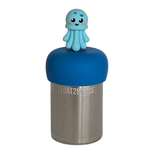 smiling blue jellyfish tea infuser with blue base for loose leaf tea with fine mesh stainless steel tea strainer that reads FLOAT2INFUSE with white background