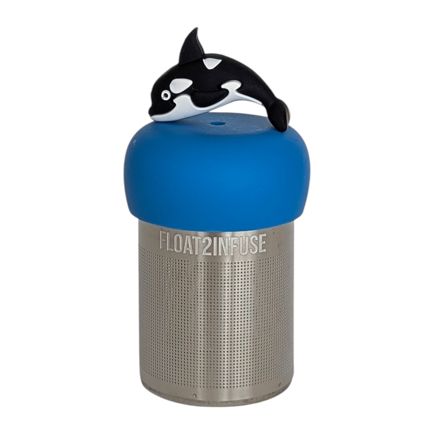 happy black and white killer whale tea infuser  for loose leaf tea with fine mesh stainless steel tea strainer that reads FLOAT2INFUSE on a blue base with a white background