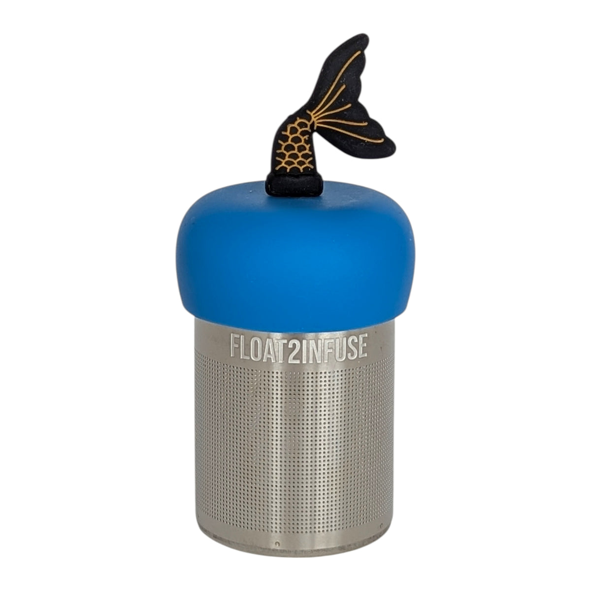 black mermaid tail with gold lined scales tea infuser  for loose leaf tea with fine mesh stainless steel tea strainer that reads FLOAT2INFUSE on a  blue base with white background