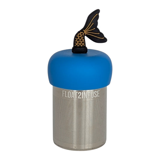 black mermaid tail with gold lined scales tea infuser with blue base for loose leaf tea with fine mesh stainless steel tea strainer that reads FLOAT2INFUSE with white background