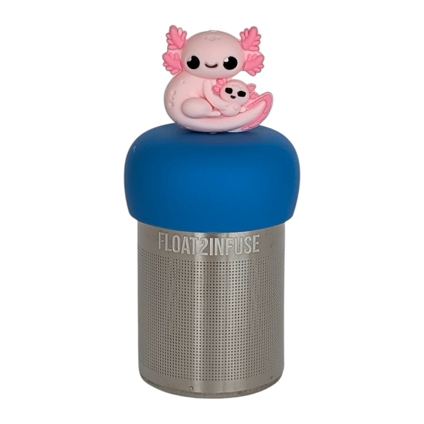 pink axolotl mom holding baby axolotl tea infuser  for loose leaf tea with fine mesh stainless steel tea strainer that reads FLOAT2INFUSE on a blue base with white background