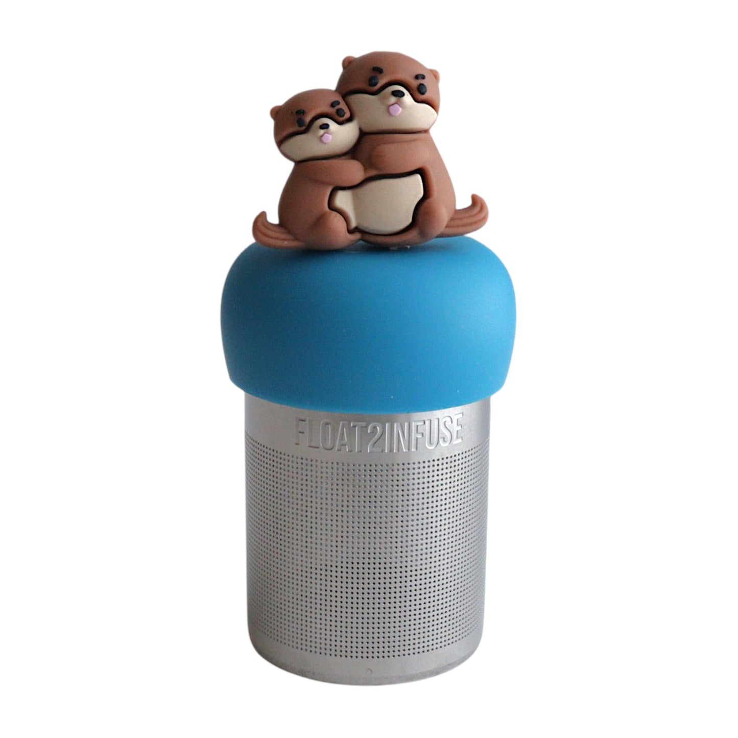 Mom and baby otter tea infuser for loose leaf tea with a fine mesh stainless steel tea strainer 
that reads FLOAT2INFUSE on a blue base with a white background
