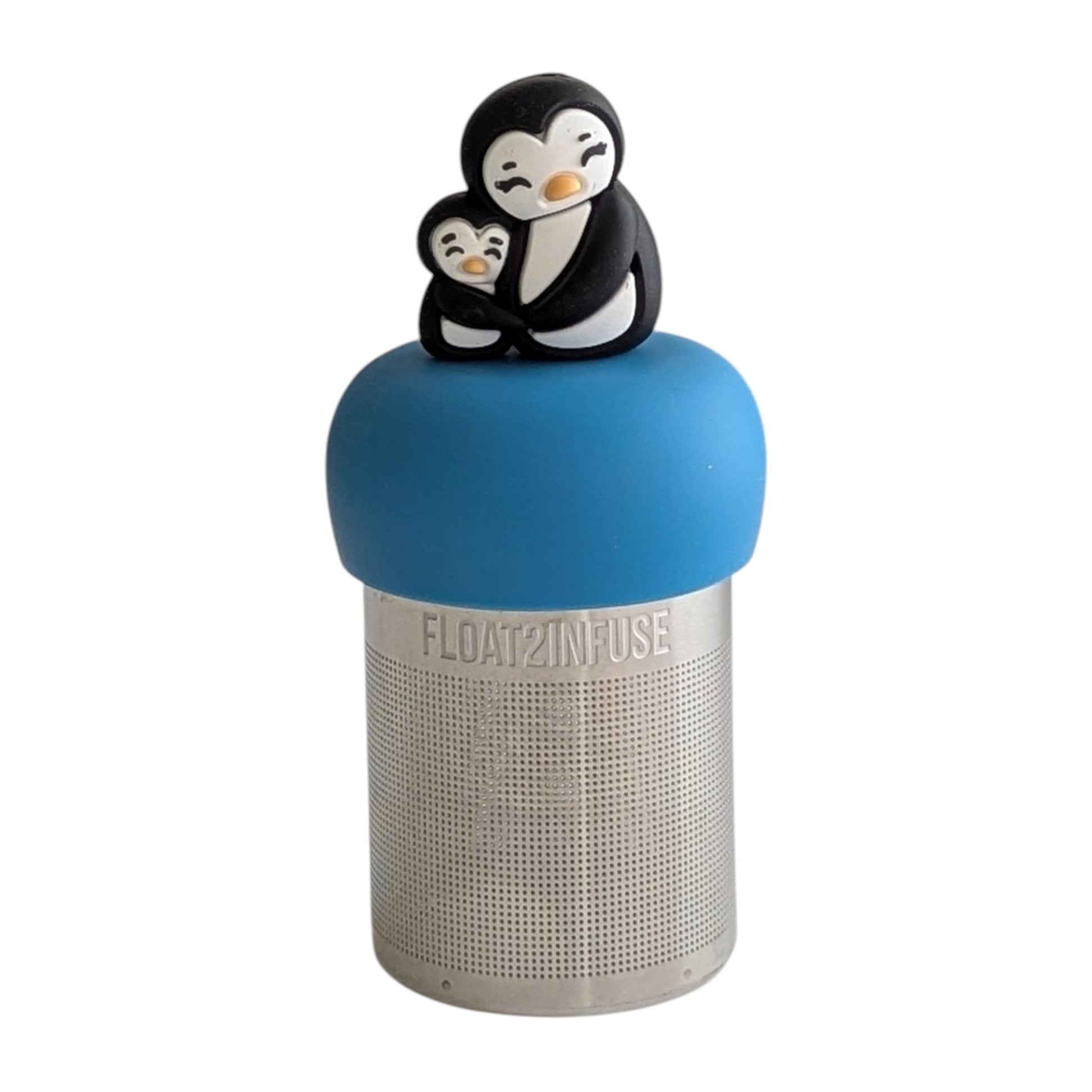 Black and white mom and baby penguin hugging tea infuser for loose leaf tea with a fine mesh stainless steel tea strainer that reads FLOAT2INFUSE on a blue base  with a white background