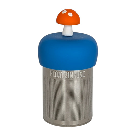 orange mushroom tea infuser  for loose leaf tea with fine mesh stainless steel tea strainer that reads FLOAT2INFUSE on a blue base with a white background
