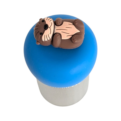happy otter tea infuser  for loose leaf tea with fine mesh stainless steel tea strainer that reads FLOAT2INFUSE on a blue base with white background