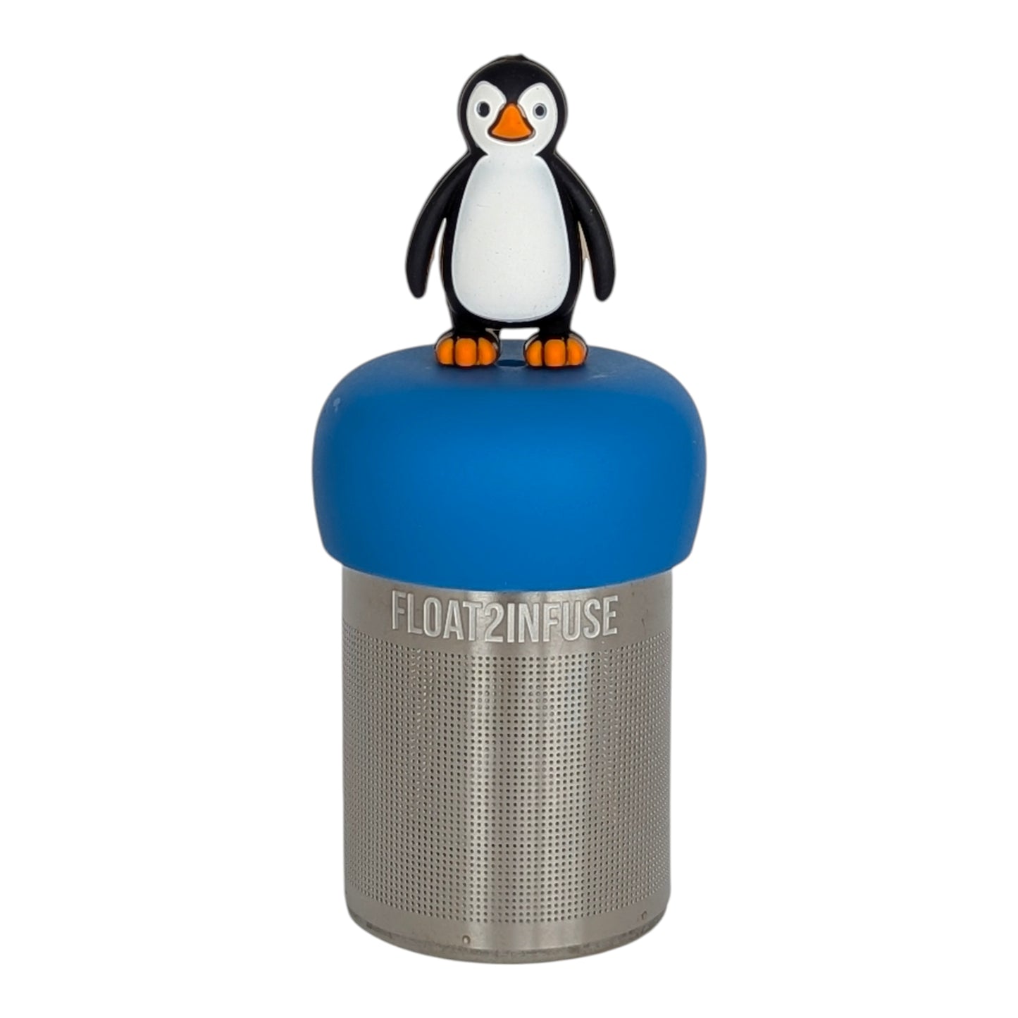 black and white penguin animal tea infuser  for loose leaf tea with fine mesh stainless steel tea strainer that reads FLOAT2INFUSE on a blue base with white background