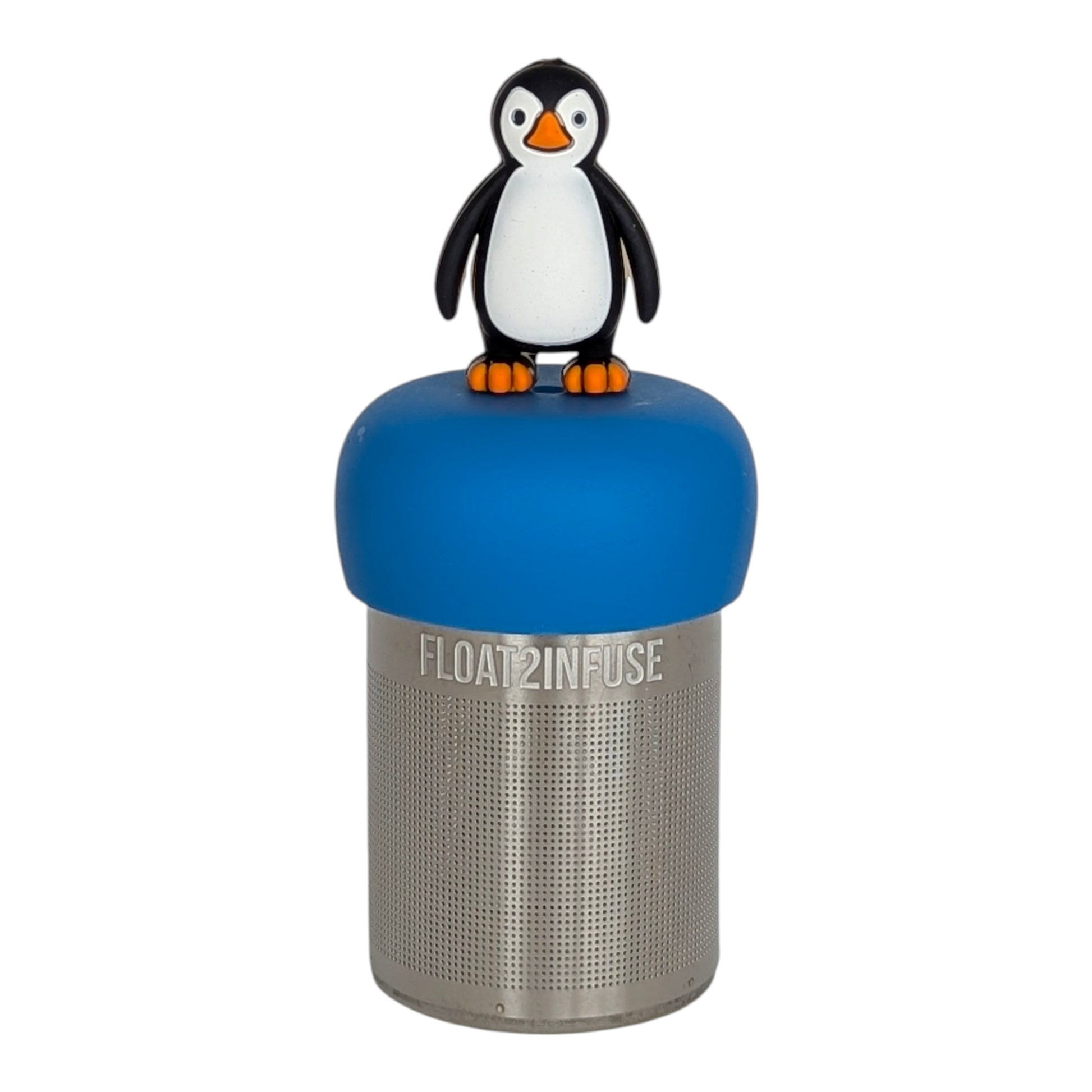 black and white penguin animal tea infuser  for loose leaf tea with fine mesh stainless steel tea strainer that reads FLOAT2INFUSE on a blue base with white background