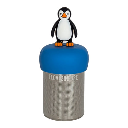 black and white penguin animal tea infuser  for loose leaf tea with fine mesh stainless steel tea strainer that reads FLOAT2INFUSE on a blue base with white background