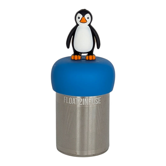 black and white penguin tea infuser with blue base for loose leaf tea with fine mesh stainless steel tea strainer that reads FLOAT2INFUSE with white background