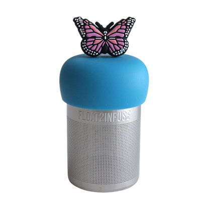 Pink butterfly tea infuser for loose leaf tea with a fine mesh stainless steel tea strainer that reads FLOAT2INFUSE on a blue base with a white background
