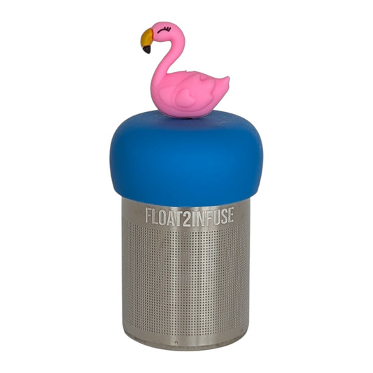 pink flamingo tea infuser for loose leaf tea with fine mesh stainless steel tea strainer that reads FLOAT2INFUSE on a blue base with white background
