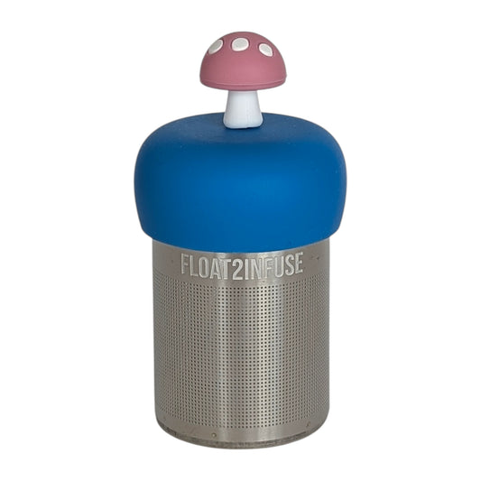 pink mushroom tea infuser for loose leaf tea with fine mesh stainless steel tea strainer that reads FLOAT2INFUSE on a blue base  with white background