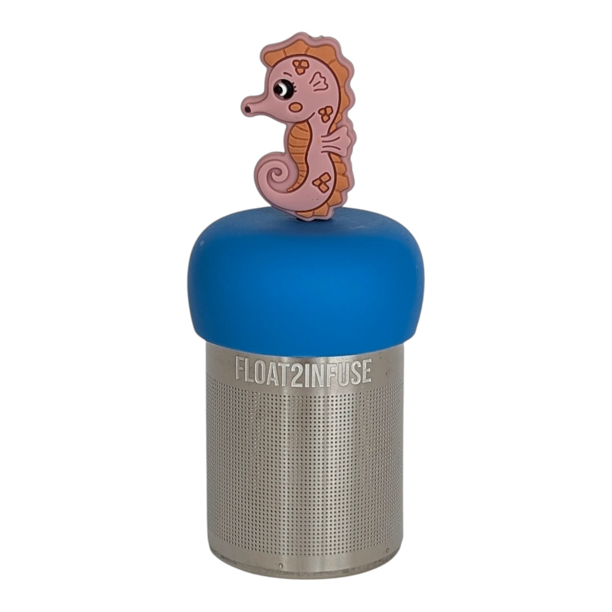 pink and orange seahorse tea infuser  for loose leaf tea with fine mesh stainless steel tea strainer that reads FLOAT2INFUSE on a blue base with white background