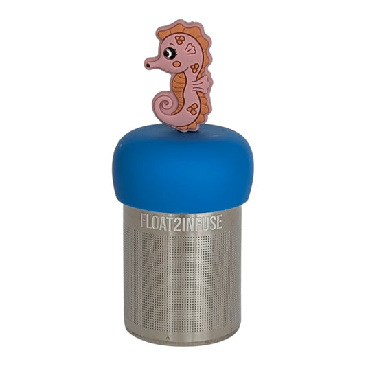 pink and orange seahorse tea infuser  for loose leaf tea with fine mesh stainless steel tea strainer that reads FLOAT2INFUSE on a blue base with white background