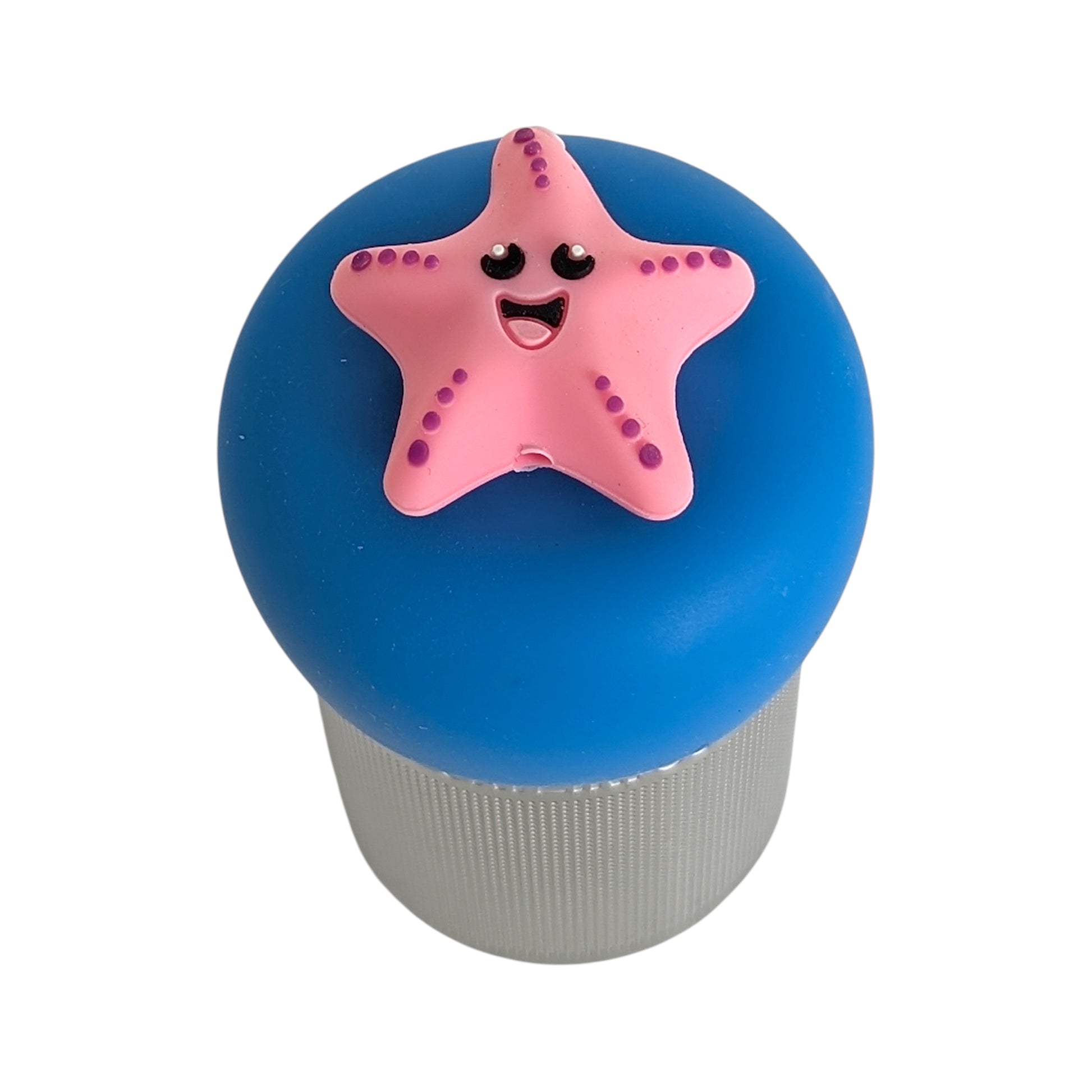 top view of a smiling pink starfish animal tea infuser for loose leaf tea with fine mesh stainless steel tea strainer that reads FLOAT2INFUSE on blue base  with white background