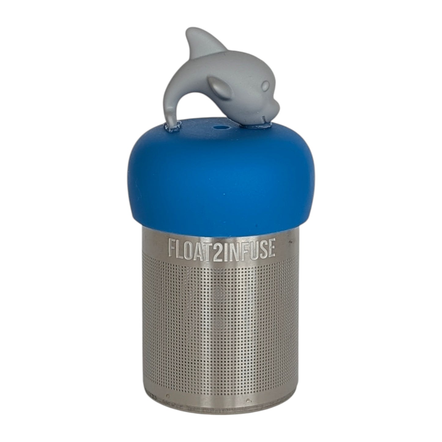 grey dolphin tea infuser  for loose leaf tea with fine mesh stainless steel tea strainer that reads FLOAT2INFUSE on blue base with a white background