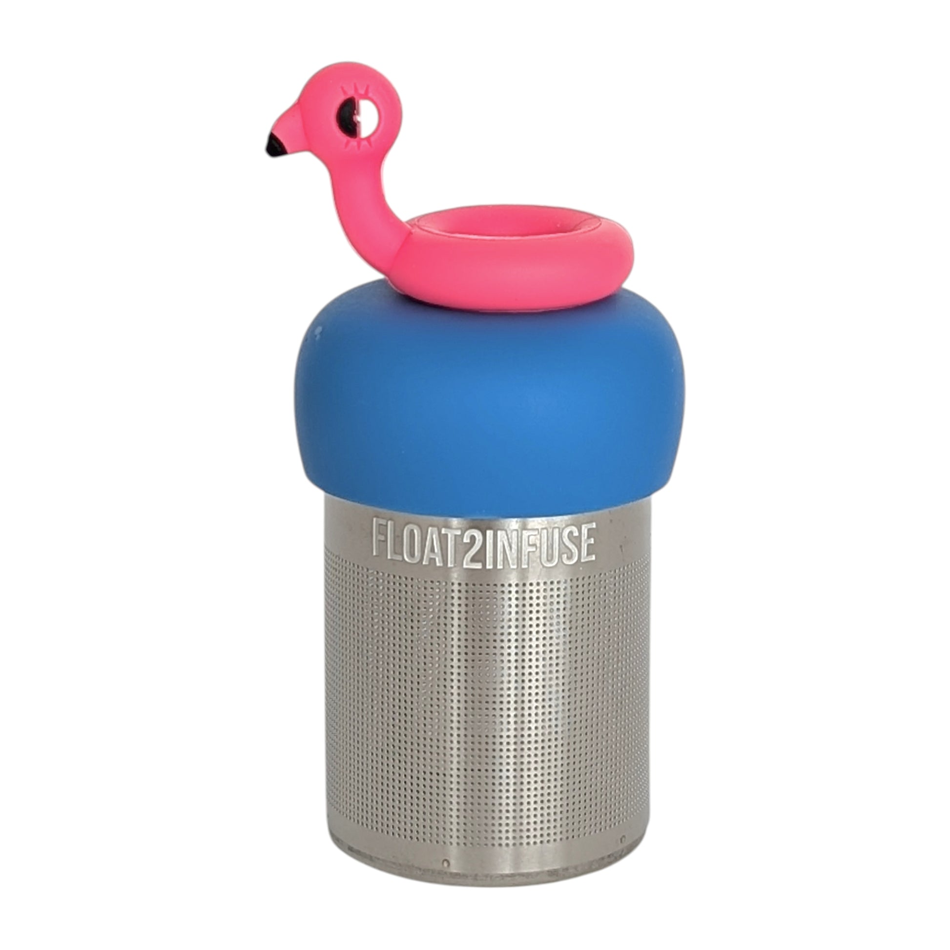 hot pink flamingo pool float tea infuser  for loose leaf tea with fine mesh stainless steel tea strainer that reads FLOAT2INFUSE on a blue base with a white background