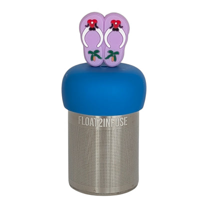 purple tropical flip flops tea infuser with blue base for loose leaf tea with fine mesh stainless steel tea strainer that reads FLOAT2INFUSE with white background