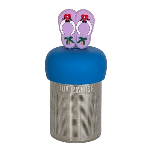 purple tropical flip flops tea infuser with blue base for loose leaf tea with fine mesh stainless steel tea strainer that reads FLOAT2INFUSE with white background