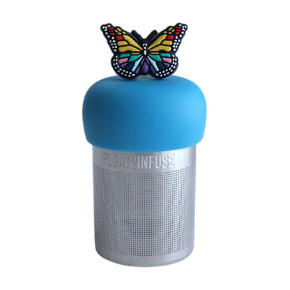 Rainbow butterfly tea infuser for loose leaf tea with a fine mesh stainless steel tea strainer that reads FLOAT2INFUSE on a blue base with a white background
