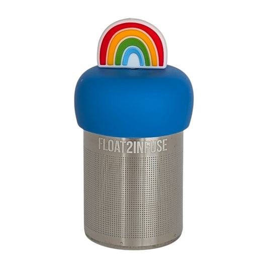 rainbow tea infuser  for loose leaf tea with fine mesh stainless steel tea strainer that reads FLOAT2INFUSE on a blue base with a white background