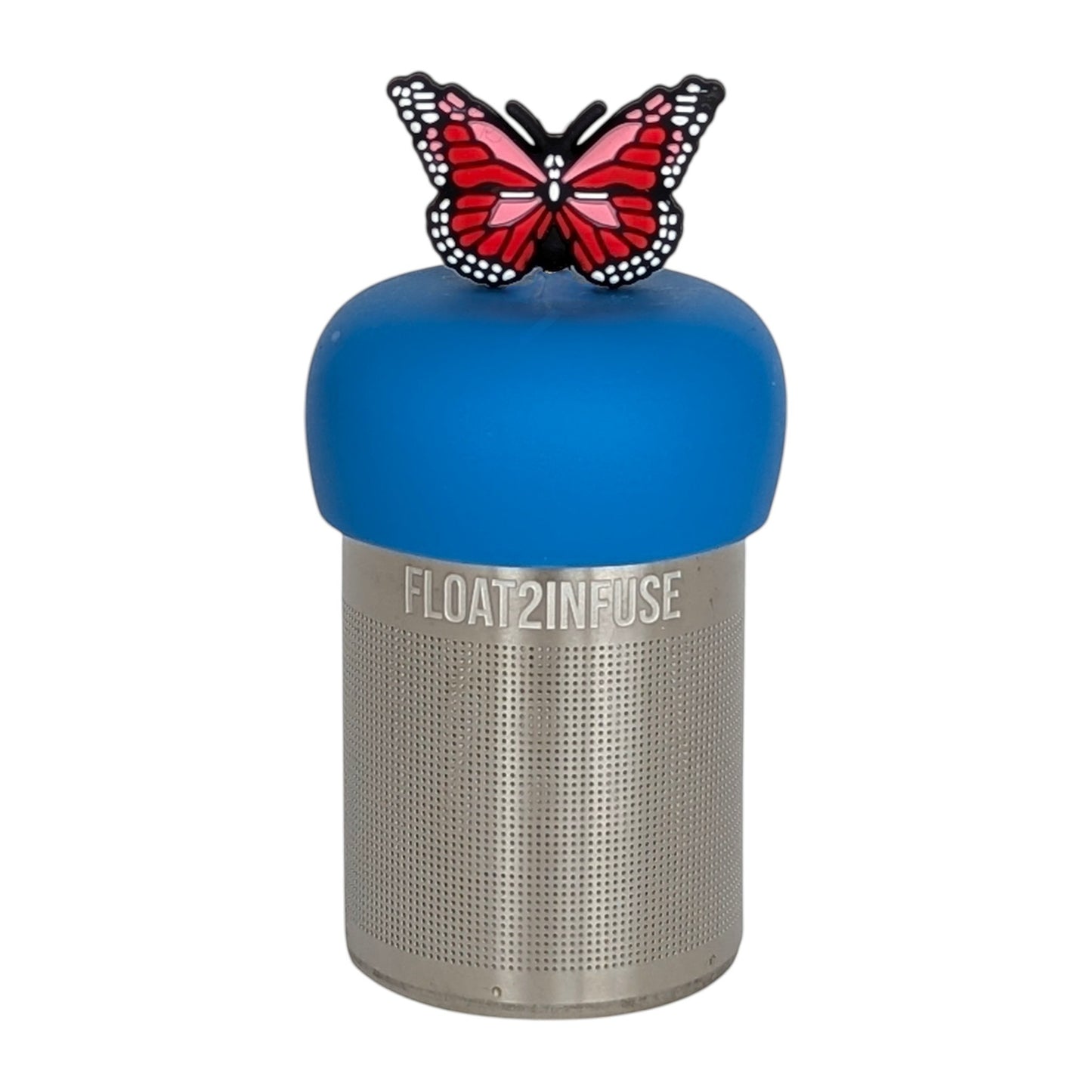 red and pink butterfly tea infuser  for loose leaf tea with fine mesh stainless steel tea strainer that reads FLOAT2INFUSE on blue base with white background