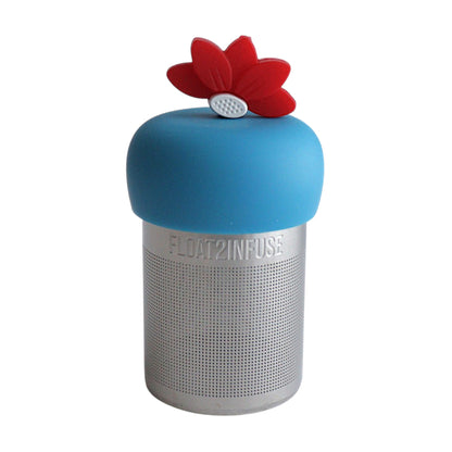 Red lotus tea infuser for loose leaf tea with a fine mesh stainless steel tea strainer that reads FLOAT2INFUSE on a blue base with a white background
