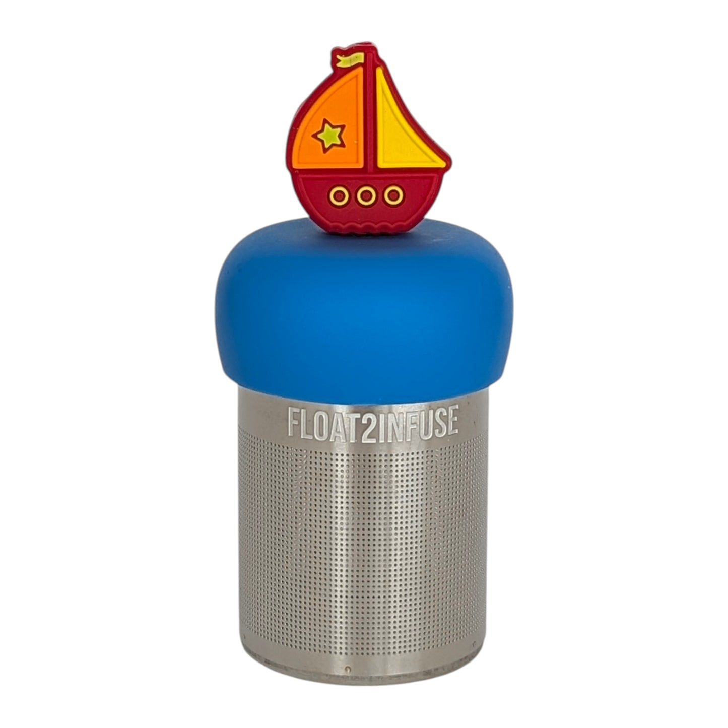 red sailboat with orange and yellow sails  tea infuser  for loose leaf tea with fine mesh stainless steel tea strainer that reads FLOAT2INFUSE on a blue base with white background