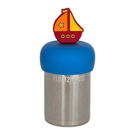 red sailboat with orange and yellow sails  tea infuser  for loose leaf tea with fine mesh stainless steel tea strainer that reads FLOAT2INFUSE on a blue base with white background
