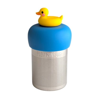 Yellow rubber duckie tea infuser for loose leaf tea with a fine mesh stainless steel tea strainer 
that reads FLOAT2INFUSE on a blue base with a white background