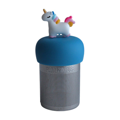 White unicorn with rainbow mane and tale and a gold horn tea infuser for loose leaf tea with a fine mesh stainless steel tea strainer that reads FLOAT2INFUSE on a blue base with a white background
