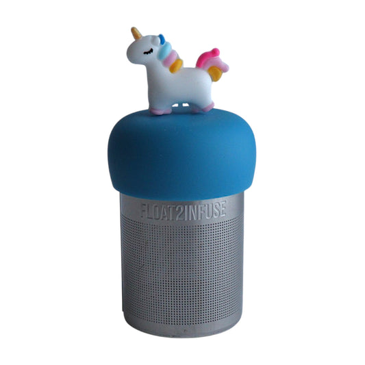 White unicorn with rainbow mane and tale and a gold horn tea infuser for loose leaf tea with a fine mesh stainless steel tea strainer that reads FLOAT2INFUSE on a blue base with a white background
