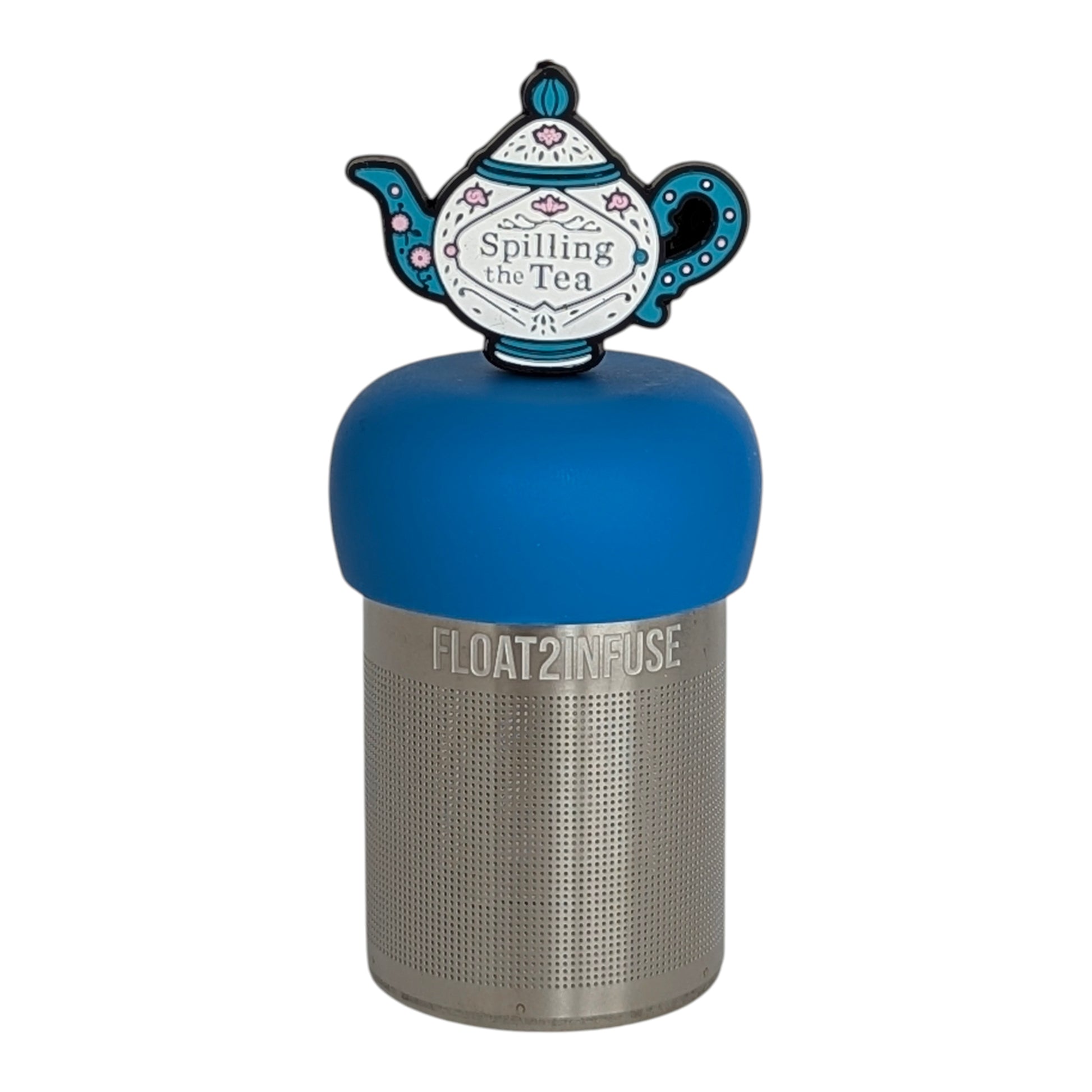 blue and white tea kettle that reads "spilling the tea" infuser for loose leaf tea with fine mesh stainless steel tea strainer that reads FLOAT2INFUSE on a blue base with a white background