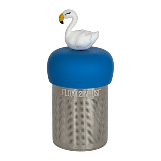 white swan tea infuser  for loose leaf tea with fine mesh stainless steel tea strainer that reads FLOAT2INFUSE on a blue base with white background