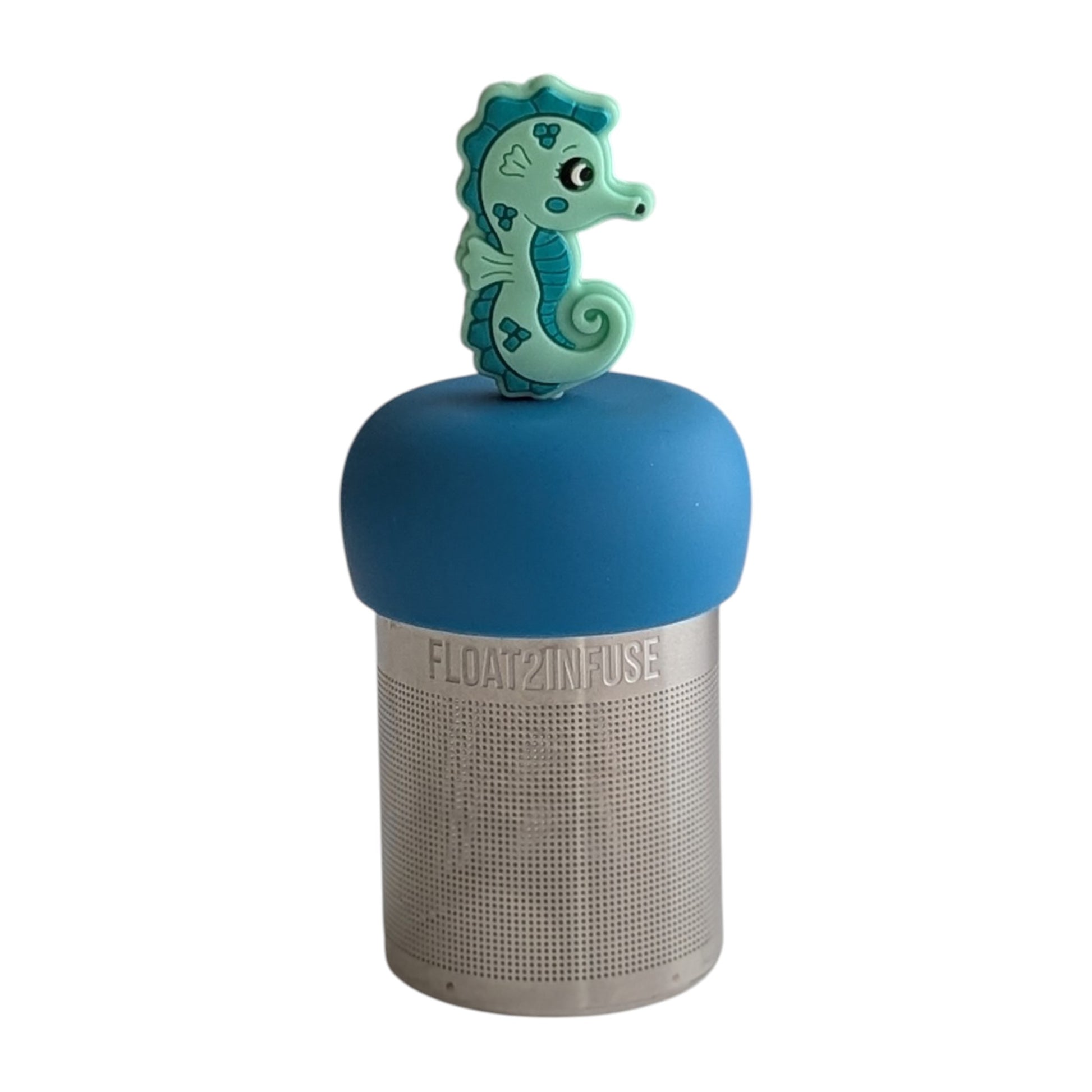 Teal sea horse animal tea infuser for loose leaf tea on a blue base with a fine mesh stainless steel tea strainer that reads FLOAT2INFUSE with a white background