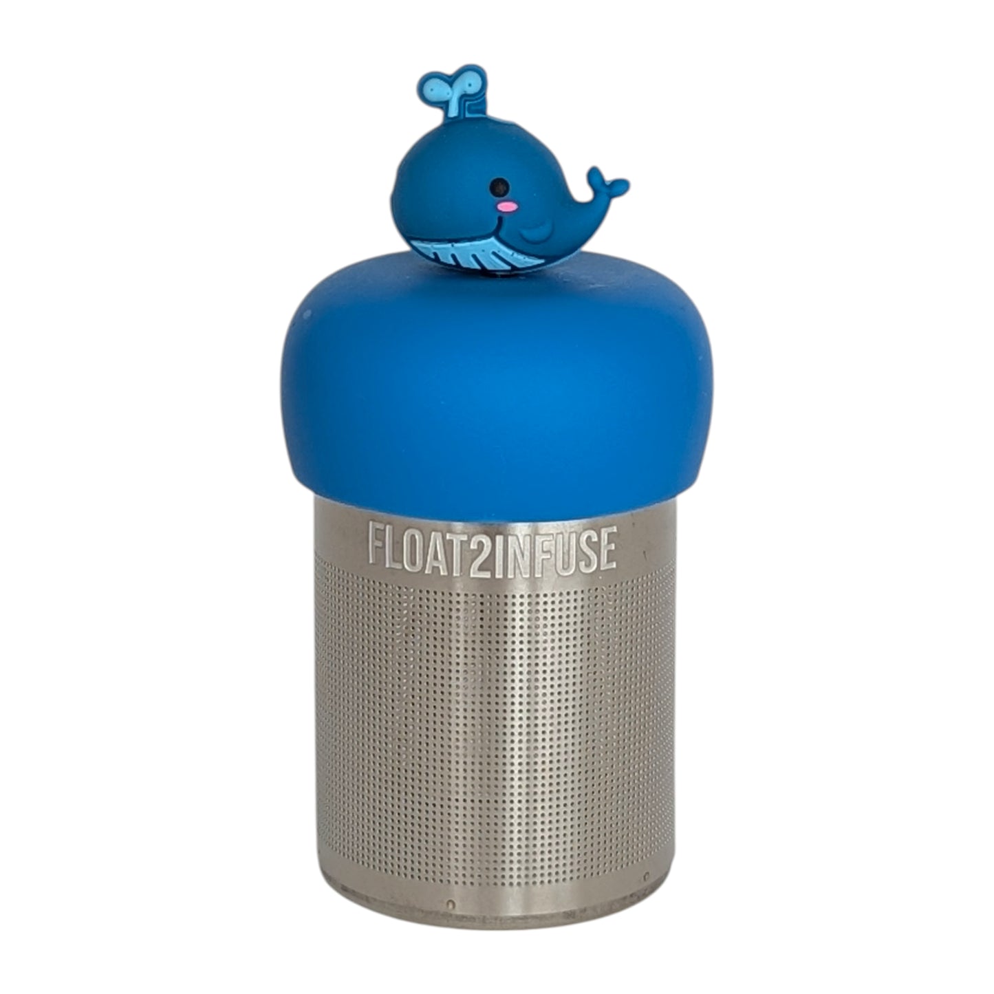 smiling blue whale with water blowing out the top tea infuser  for loose leaf tea with fine mesh stainless steel tea strainer that reads FLOAT2INFUSE on a blue base with white background