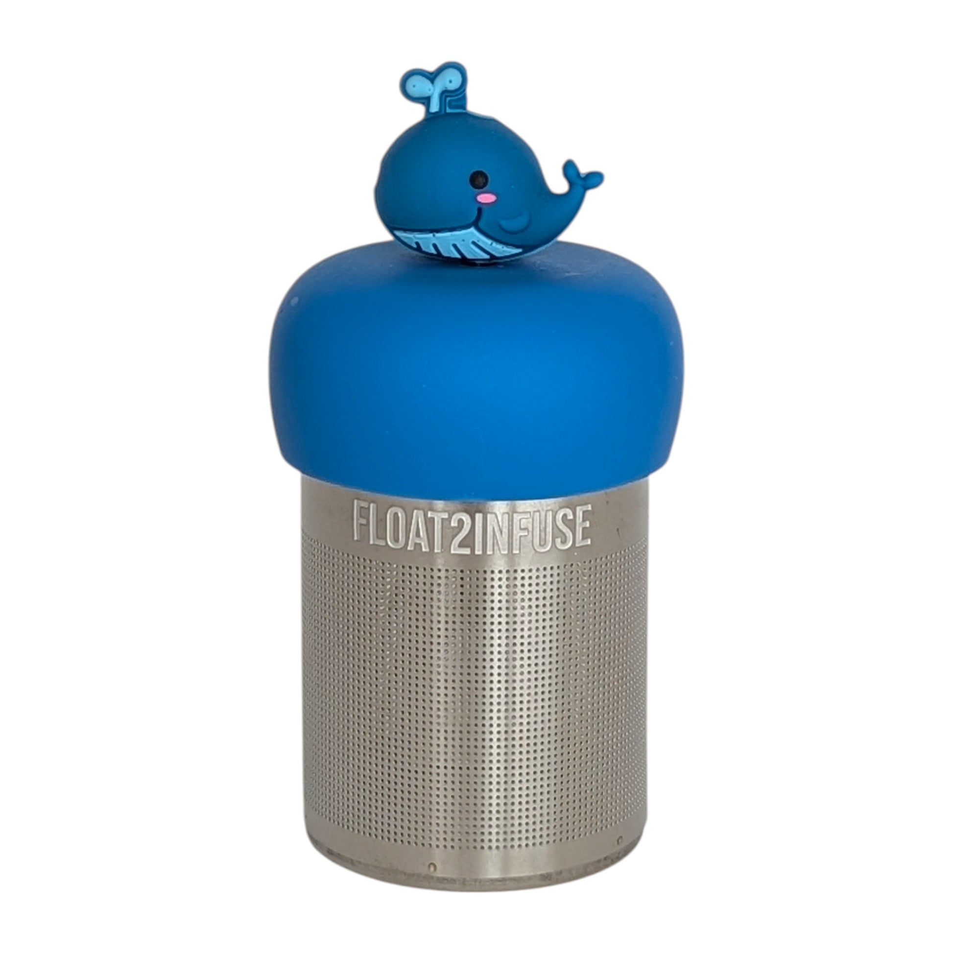 smiling blue whale with water blowing out the top tea infuser  for loose leaf tea with fine mesh stainless steel tea strainer that reads FLOAT2INFUSE on a blue base with white background