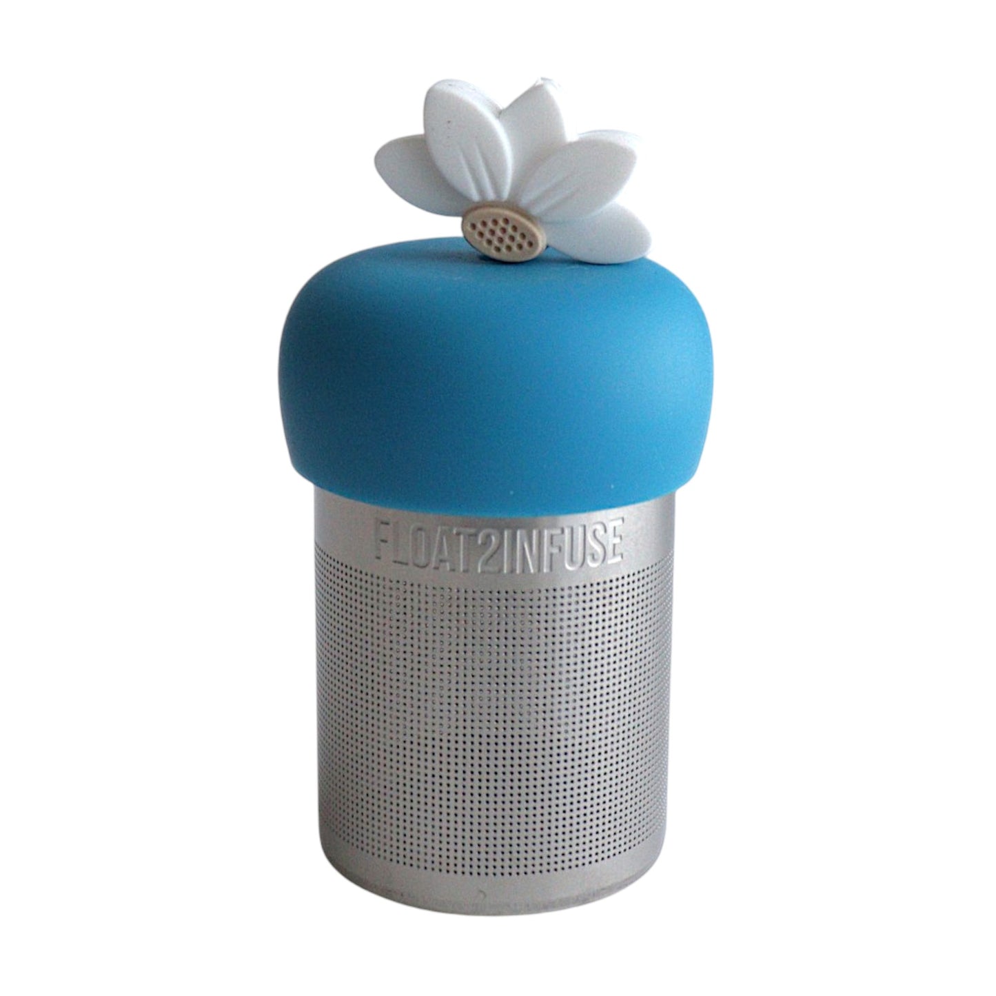 White lotus tea infuser for loose leaf tea with a fine mesh stainless steel tea strainer  that reads FLOAT2INFUSE on a blue base with a white background
