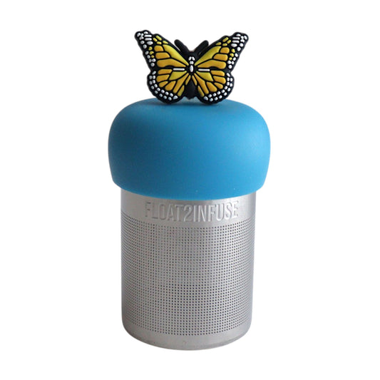 Yellow butterfly tea infuser for loose leaf tea with a fine mesh stainless steel tea strainer 
that reads FLOAT2INFUSE on a blue base with a white background
