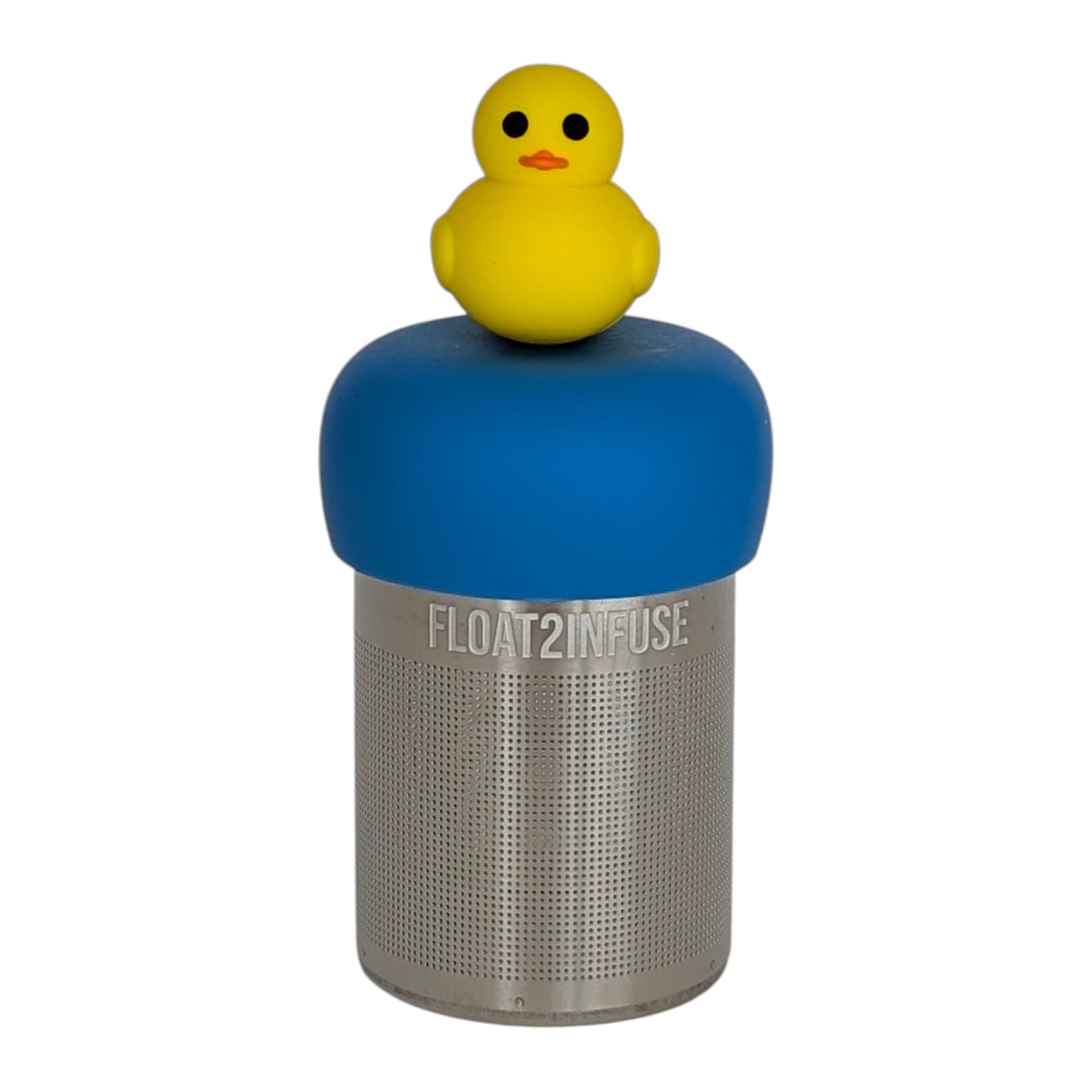 yellow rubber duck tea infuser  for loose leaf tea with fine mesh stainless steel tea strainer that reads FLOAT2INFUSE on a blue base with white background